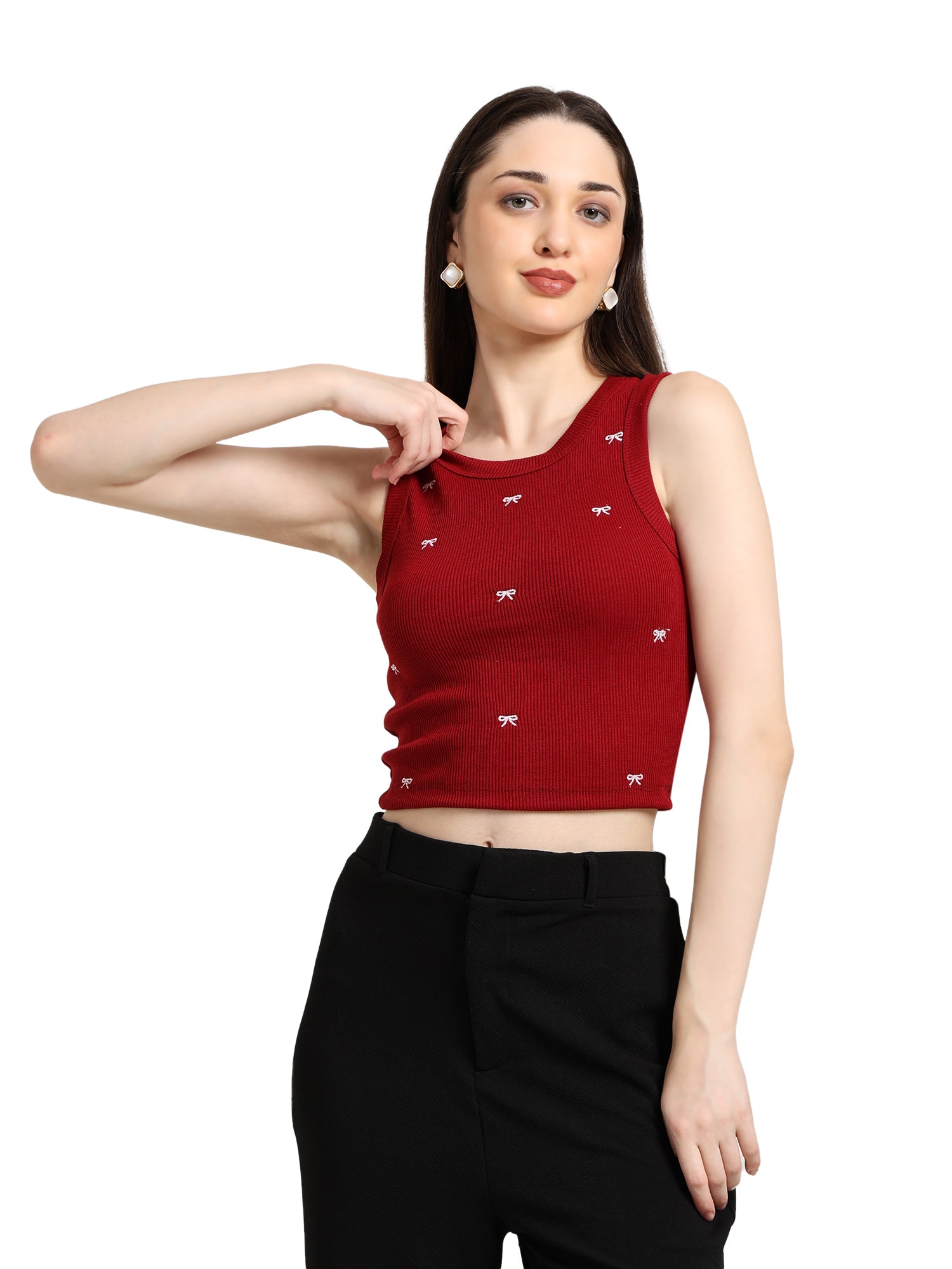 Maroon Bow Embroidered Tank Top
