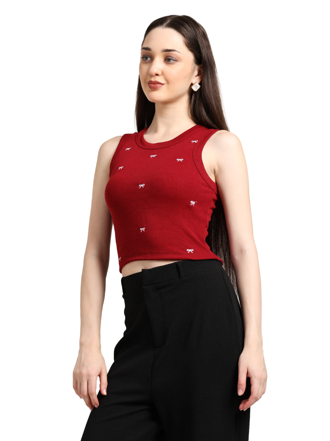 Maroon Bow Embroidered Tank Top