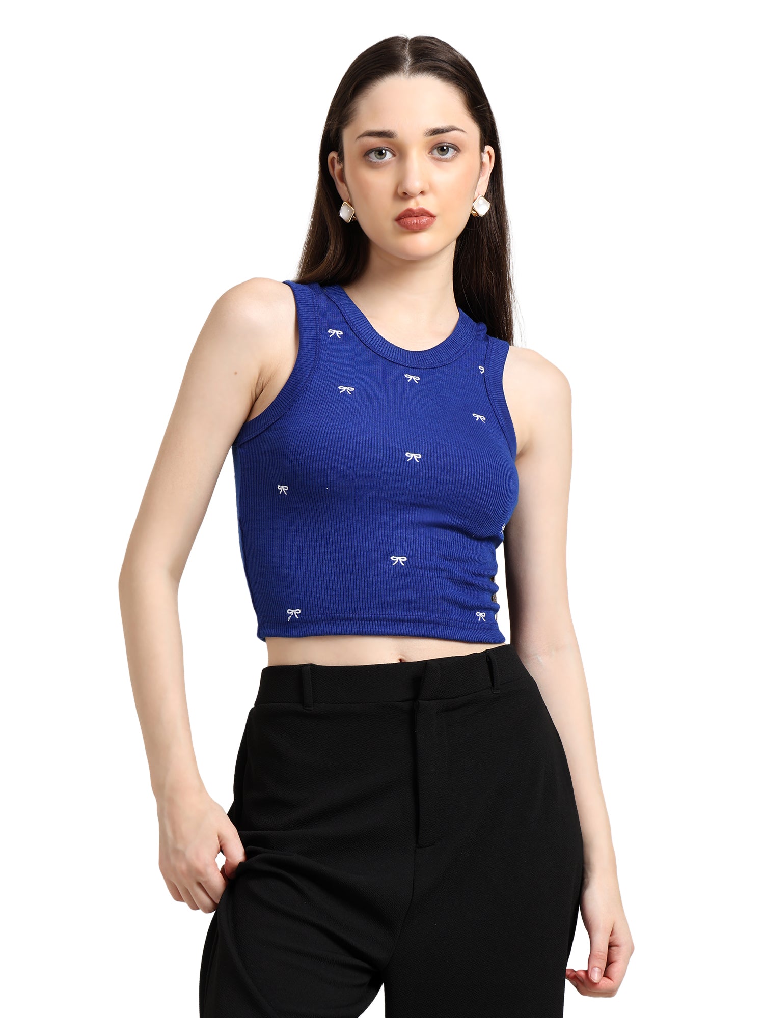 Studio Blue Bow Embroidered Tank Top