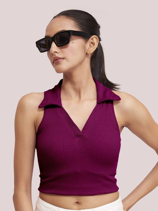 Magenta V-Collar Ribbed Crop Top