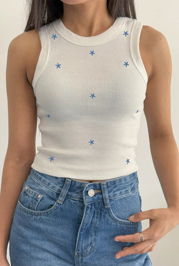 Blue Daisy Embroidered Tank Top