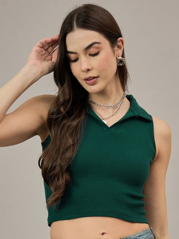 Dark Green V-Collar Ribbed Crop Top