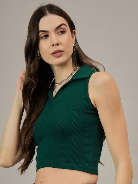 Dark Green V-Collar Ribbed Crop Top