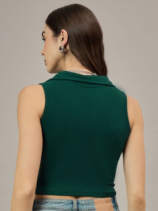 Dark Green V-Collar Ribbed Crop Top