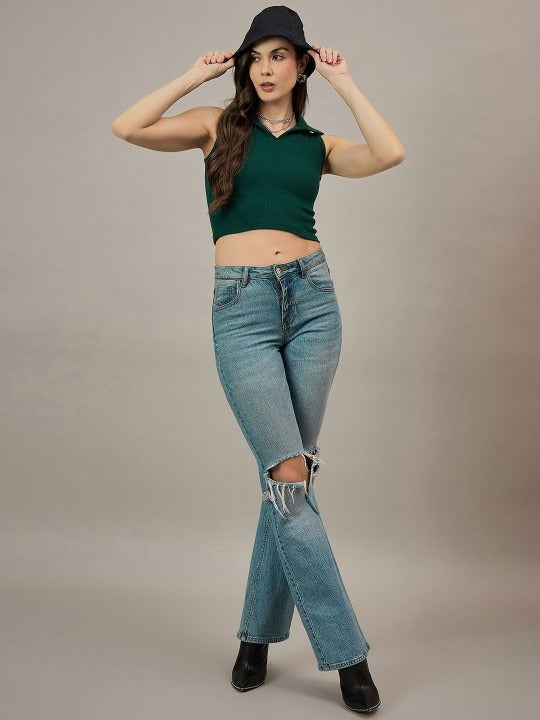 Dark Green V-Collar Ribbed Crop Top