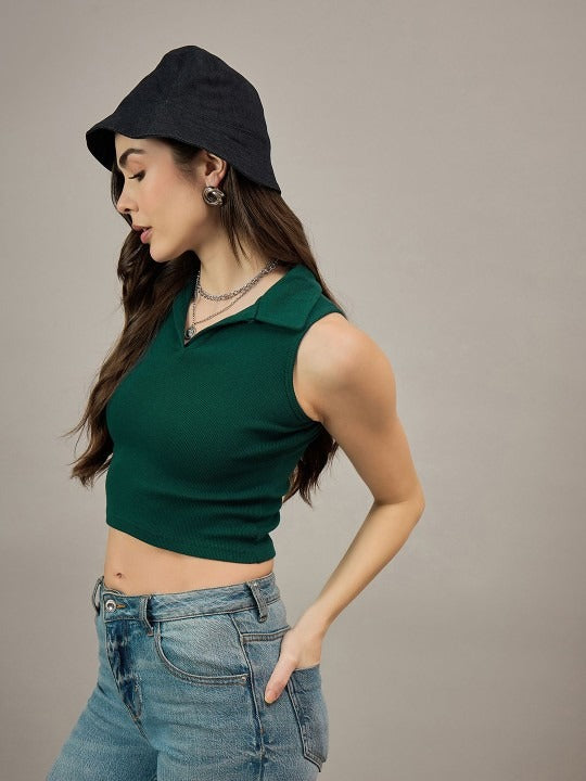 Dark Green V-Collar Ribbed Crop Top