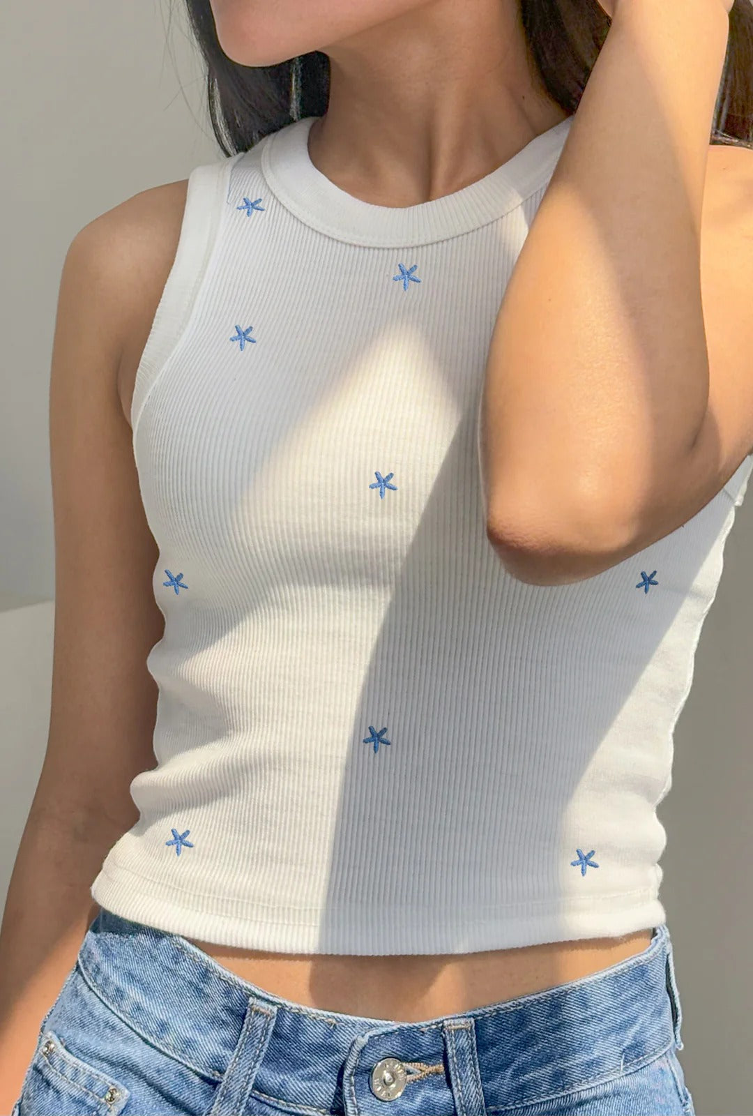 Blue Daisy Embroidered Tank Top