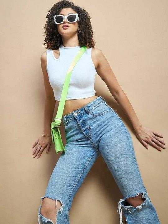 White Cut-Out Shoulder Ribbed Tank Top