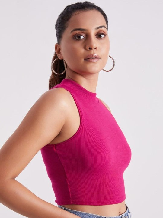 Pink Mock Neck Ribbed Tank Top