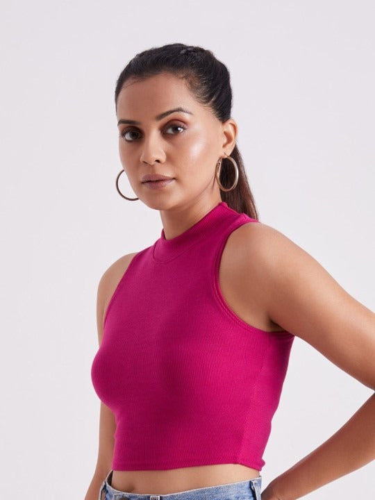 Pink Mock Neck Ribbed Tank Top