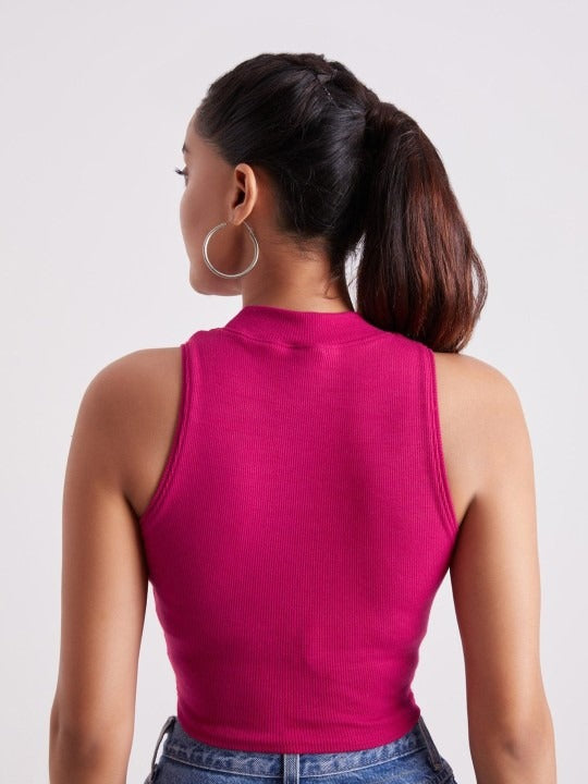 Pink Mock Neck Ribbed Tank Top