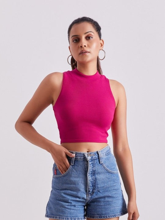 Pink Mock Neck Ribbed Tank Top