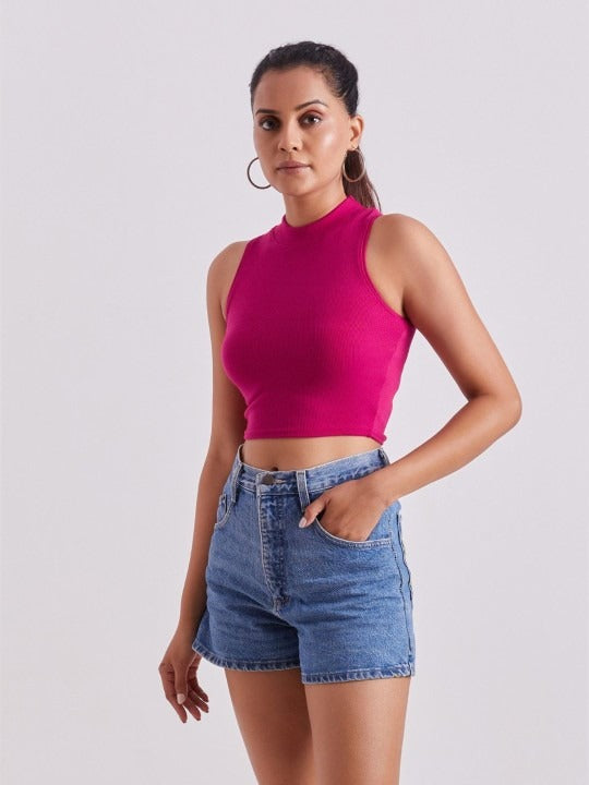 Pink Mock Neck Ribbed Tank Top