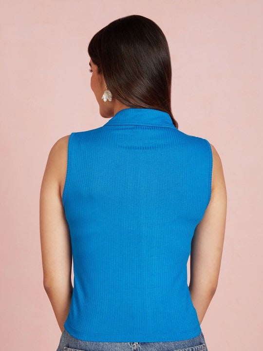 Sky Blue V-Collar Ribbed Crop Top