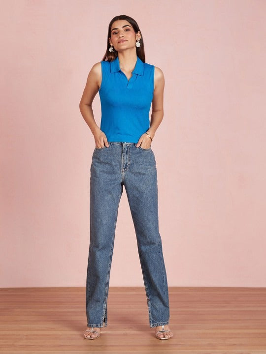 Sky Blue V-Collar Ribbed Crop Top
