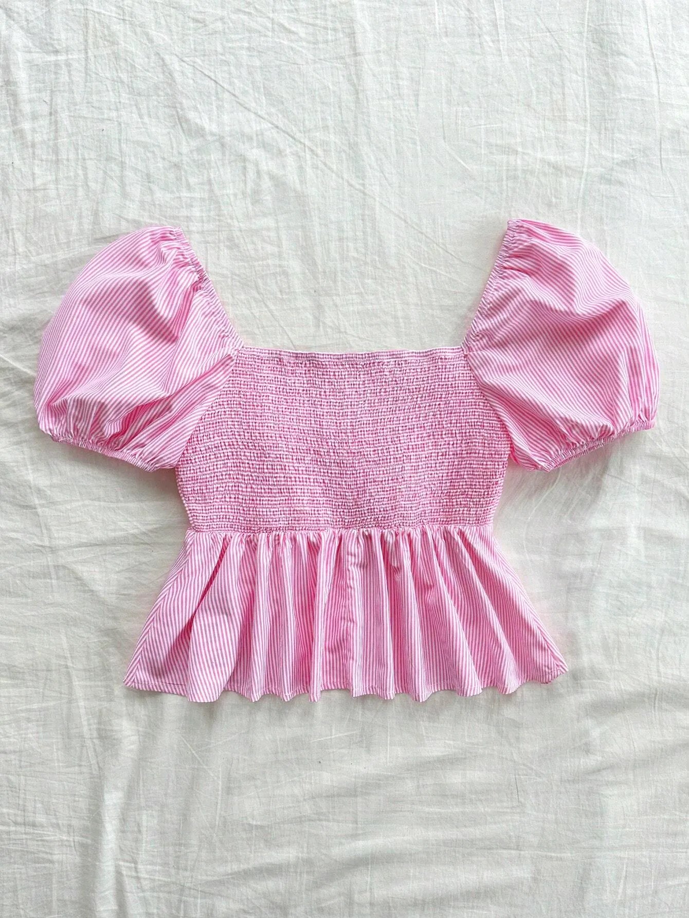Stripe Puff Sleeve Shirt With Bow Tie