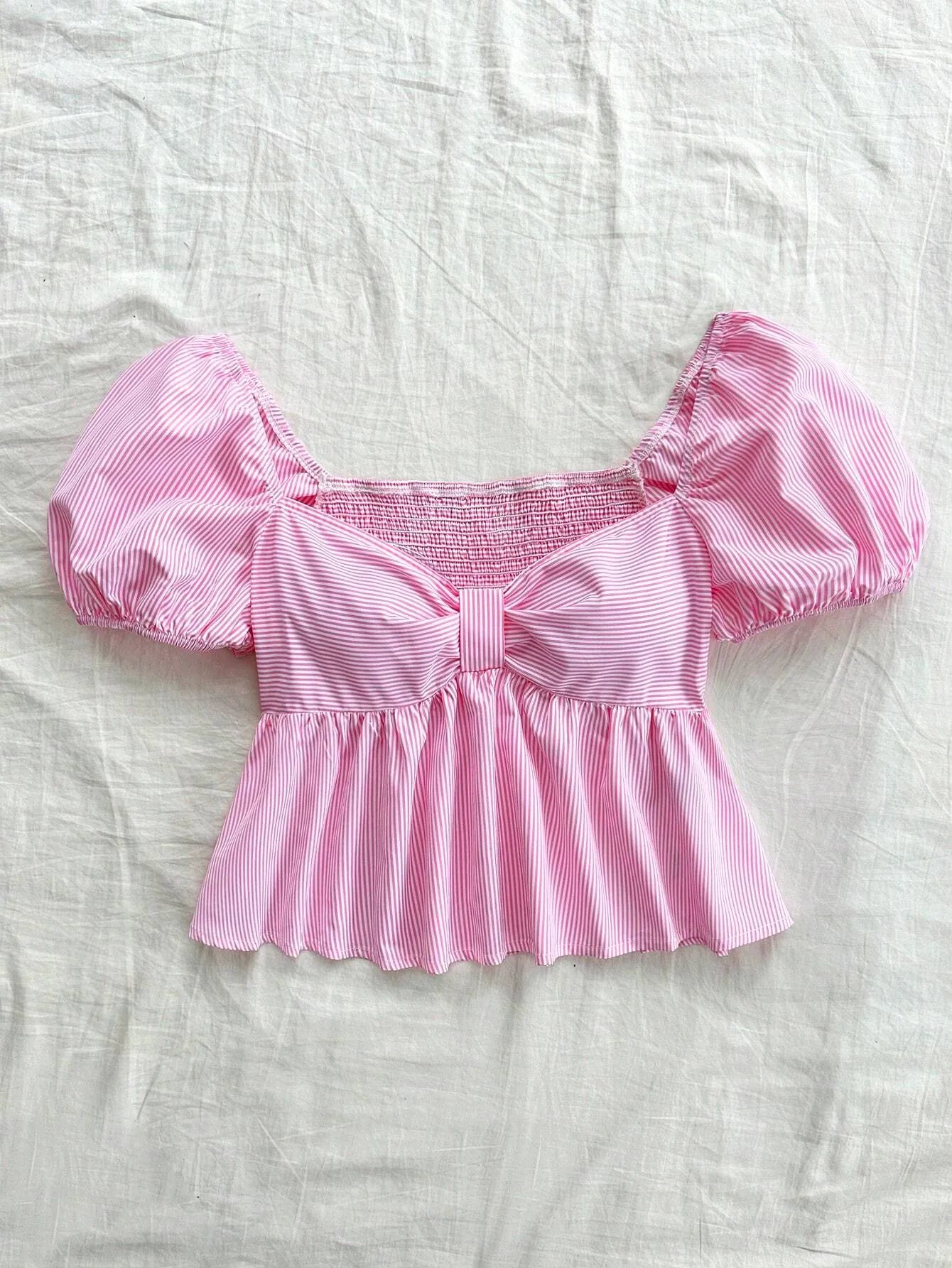 Stripe Puff Sleeve Shirt With Bow Tie