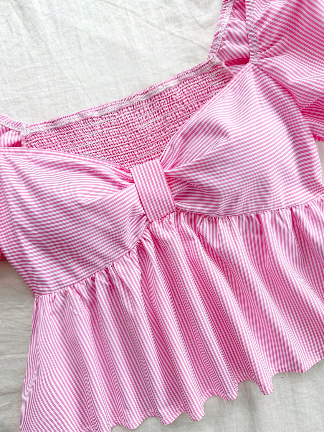 Stripe Puff Sleeve Shirt With Bow Tie