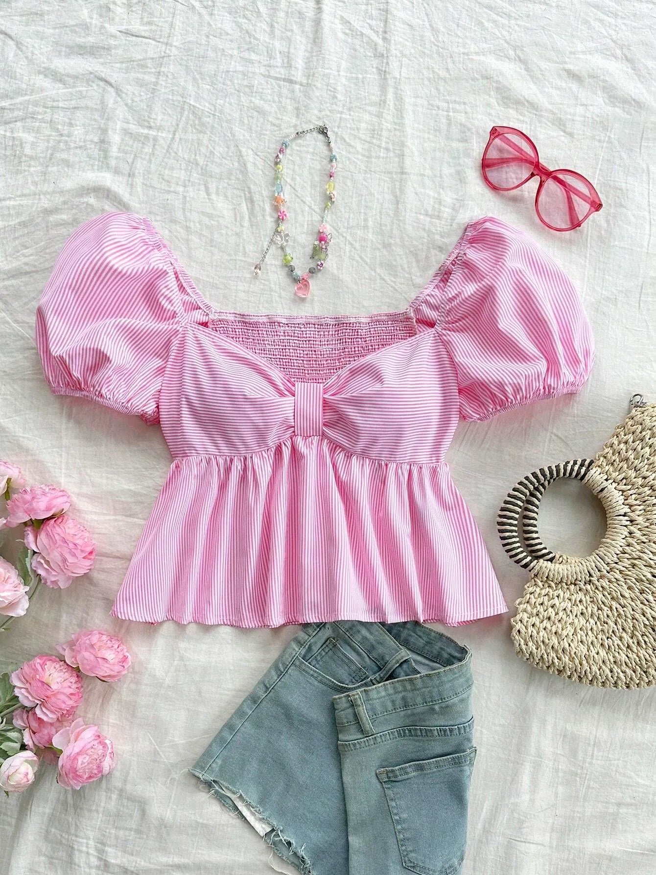 Stripe Puff Sleeve Shirt With Bow Tie