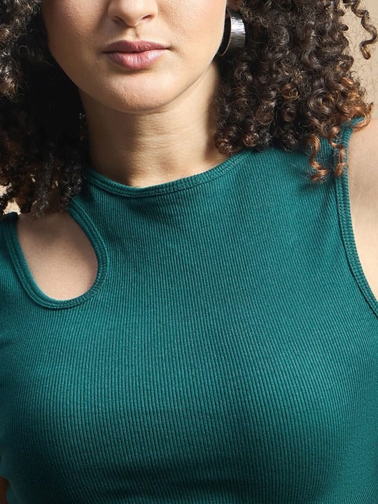 Dark Green Cut-Out Shoulder Ribbed Tank Top