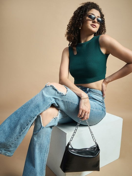 Dark Green Cut-Out Shoulder Ribbed Tank Top