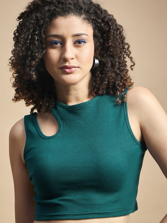 Dark Green Cut-Out Shoulder Ribbed Tank Top