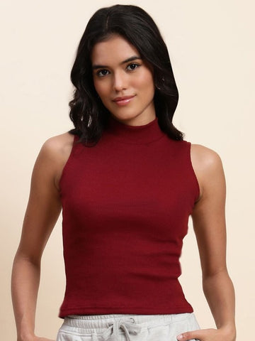 Maroon Mock Neck Ribbed Tank Top
