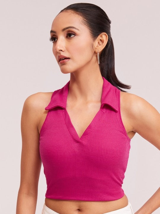 Pink V-Collar Ribbed Crop Top