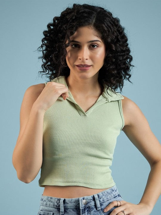 Light Green V-Collar Ribbed Crop Top