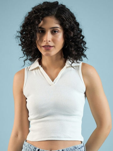 White V-Collar Ribbed Crop Top