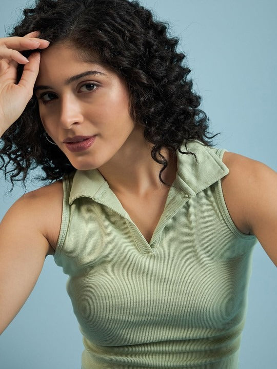 Light Green V-Collar Ribbed Crop Top