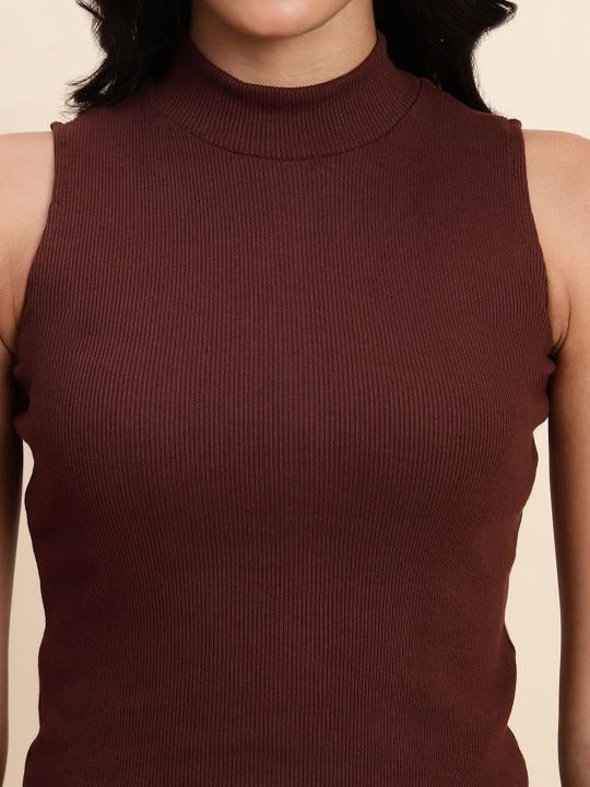 Coffee Brown Mock Neck Ribbed Tank Top