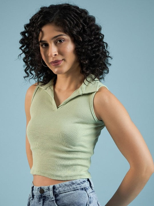 Light Green V-Collar Ribbed Crop Top