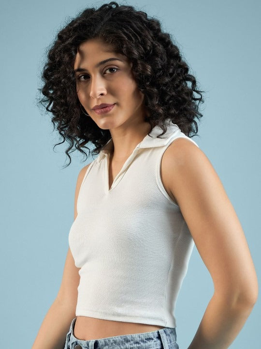 White V-Collar Ribbed Crop Top
