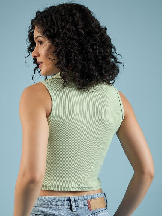 Light Green V-Collar Ribbed Crop Top
