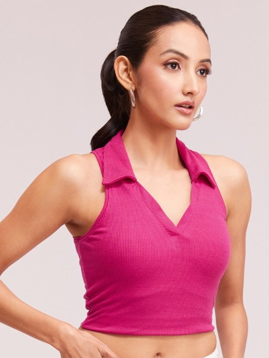 Pink V-Collar Ribbed Crop Top
