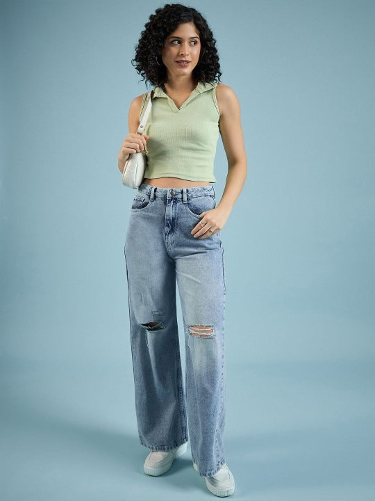 Light Green V-Collar Ribbed Crop Top