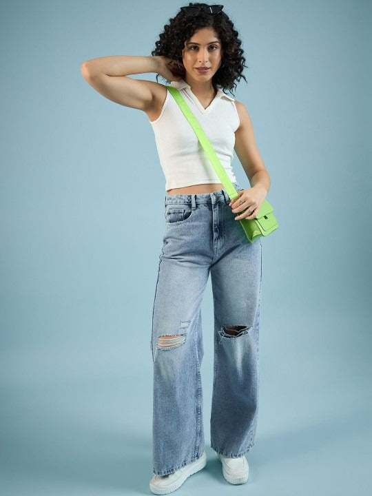 White V-Collar Ribbed Crop Top