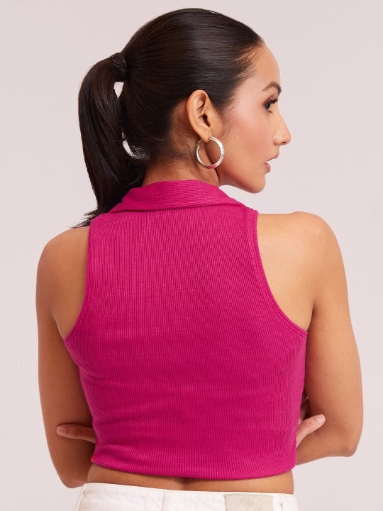 Pink V-Collar Ribbed Crop Top