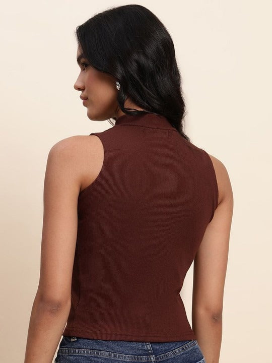 Coffee Brown Mock Neck Ribbed Tank Top