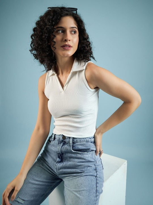 White V-Collar Ribbed Crop Top