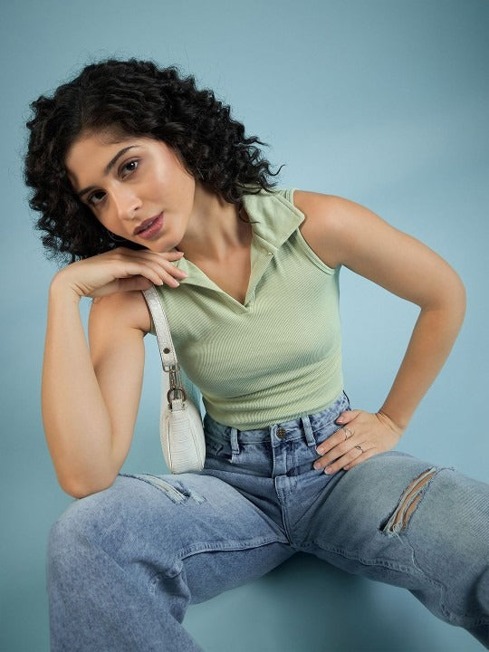 Light Green V-Collar Ribbed Crop Top