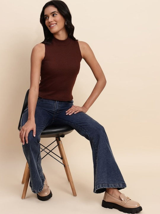 Coffee Brown Mock Neck Ribbed Tank Top