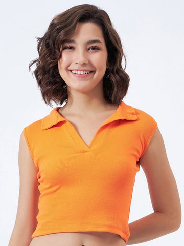 Orange V-Collar Ribbed Crop Top