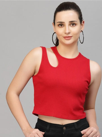 Red Cut-Out Shoulder Ribbed Tank Top
