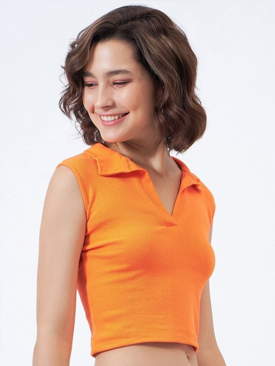 Orange V-Collar Ribbed Crop Top