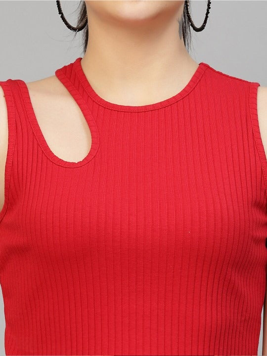 Red Cut-Out Shoulder Ribbed Tank Top