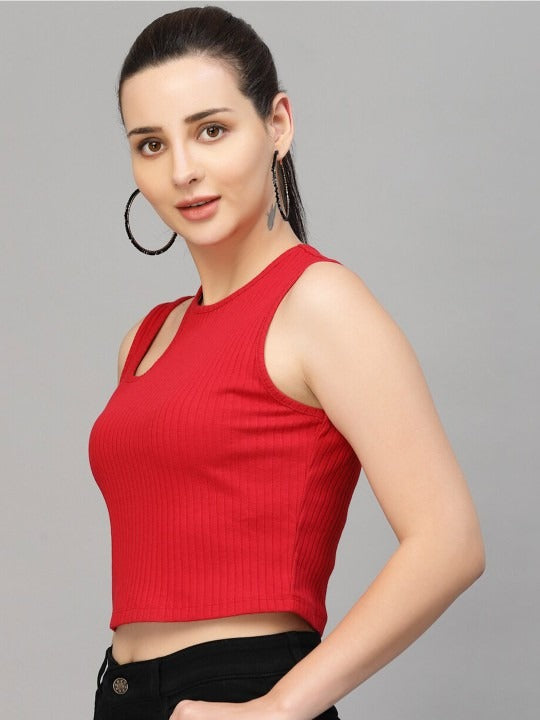 Red Cut-Out Shoulder Ribbed Tank Top