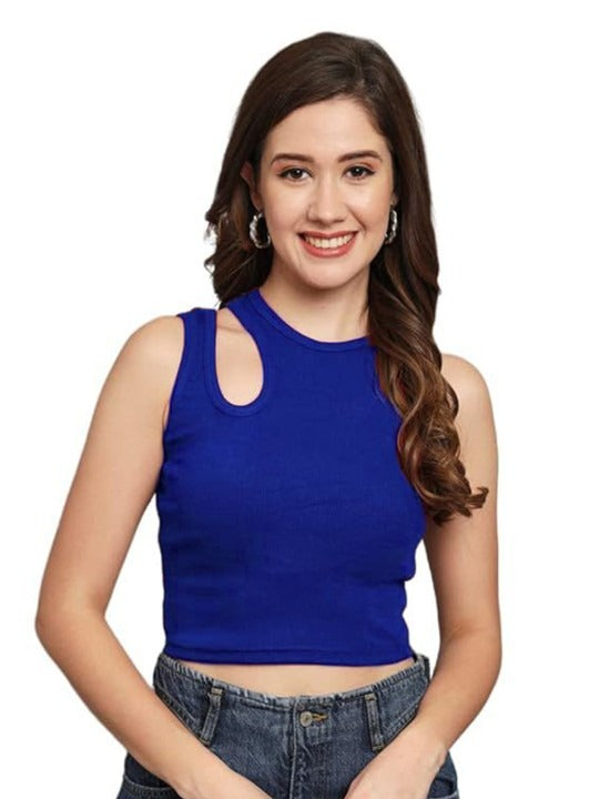 Royal Blue Cut-Out Shoulder Ribbed Tank Top