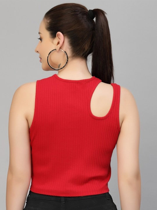 Red Cut-Out Shoulder Ribbed Tank Top
